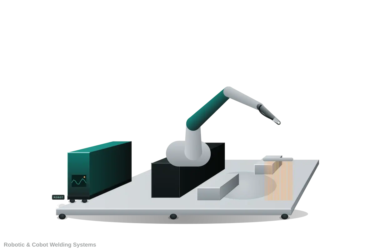 Robot arm MIG welding a steel assembly held in a fixture