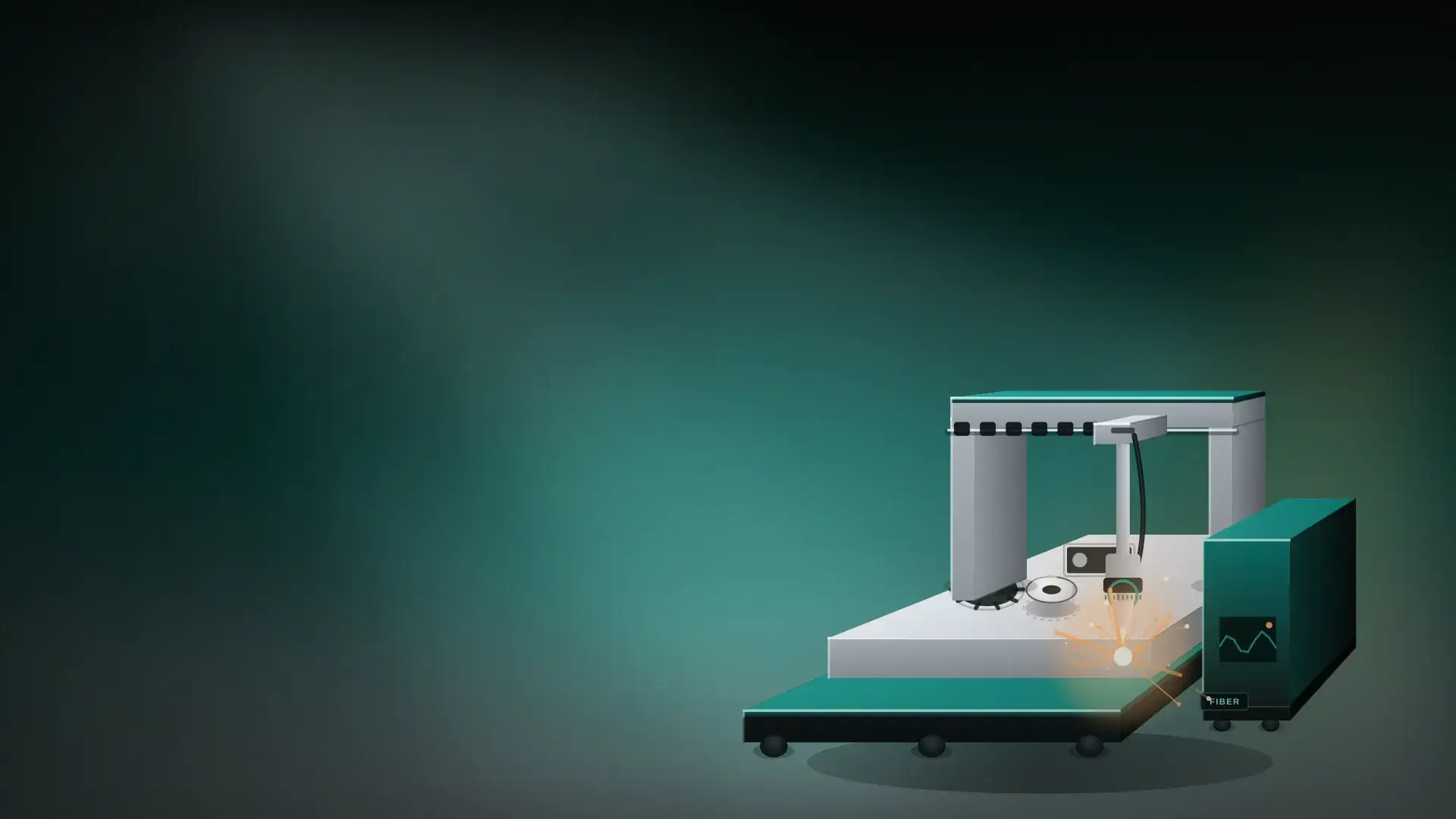 Illustration of the RA Machine product range on the factory floor, graphite and teal light