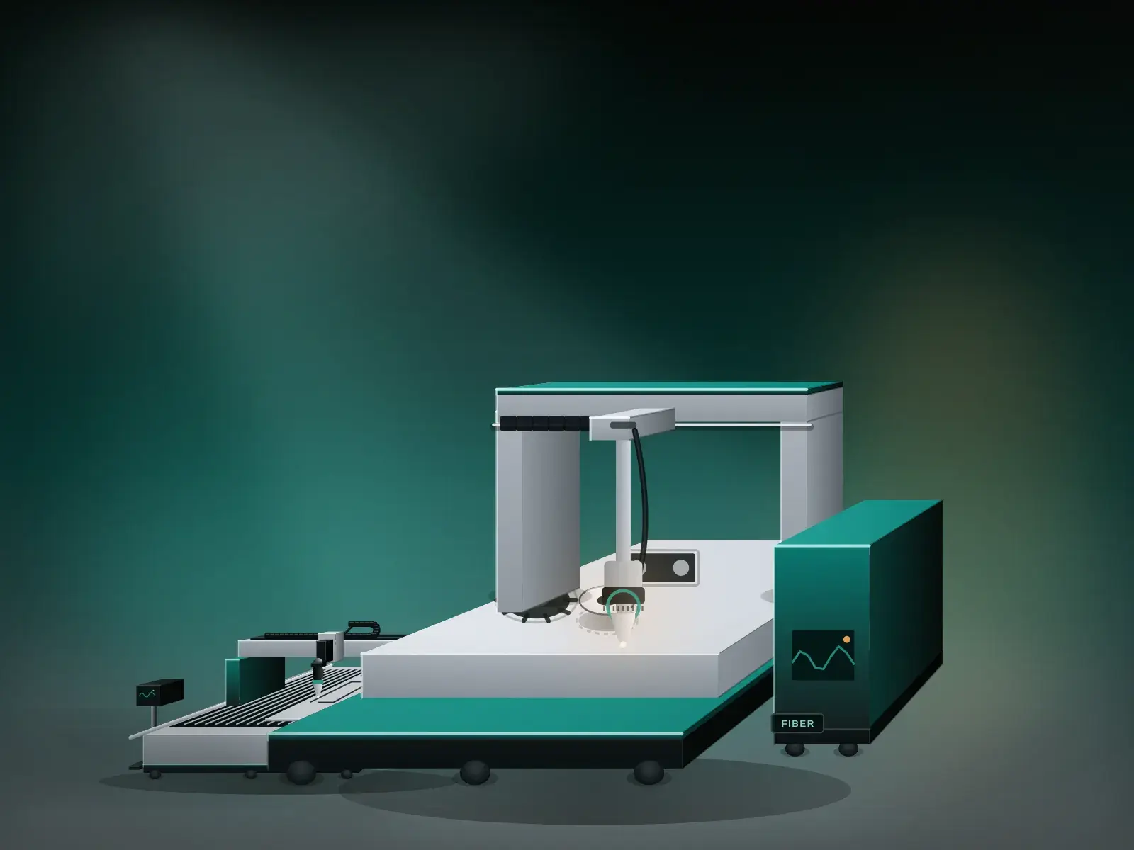 Illustration of the RA Machine factory floor with machines in a row